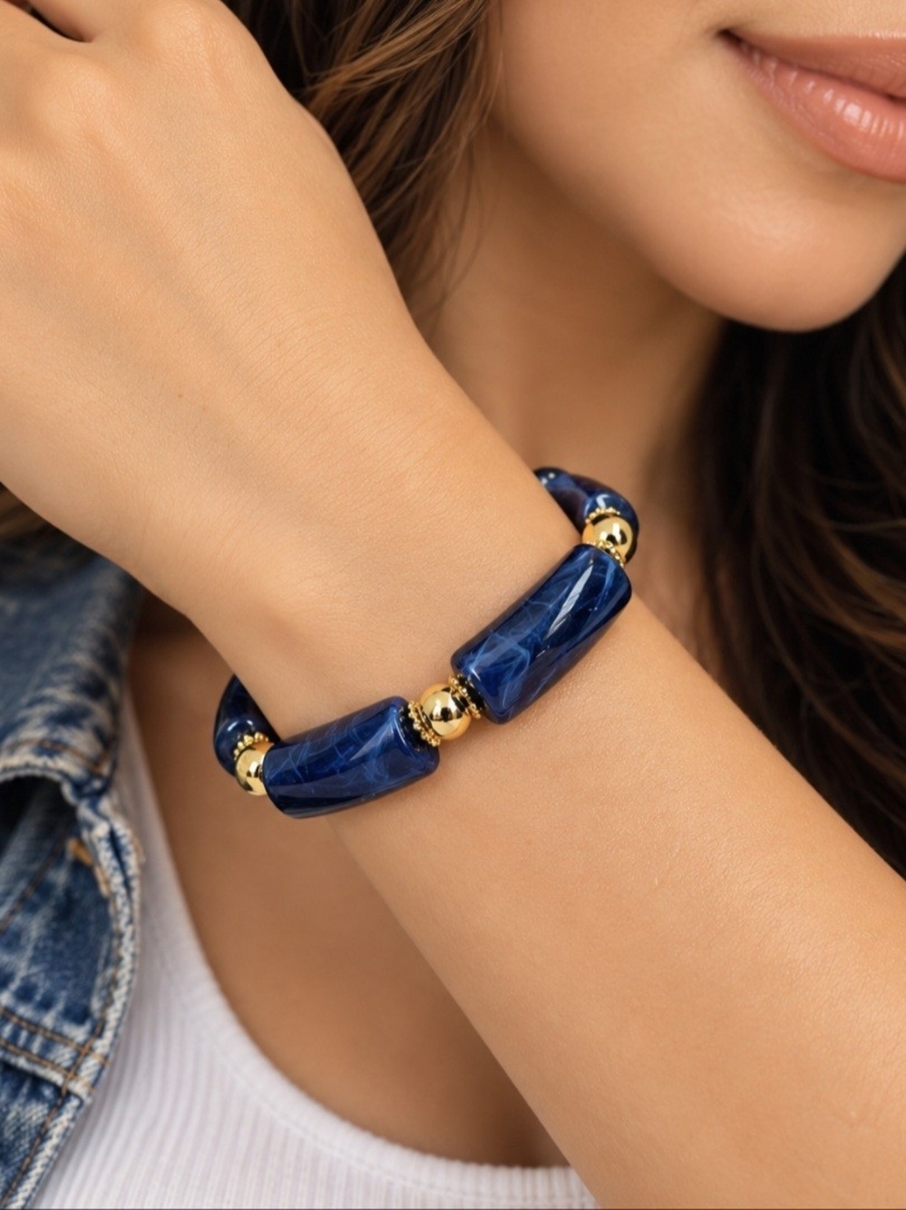 Blue Beaded Stretch Bracelet with Gold Accents